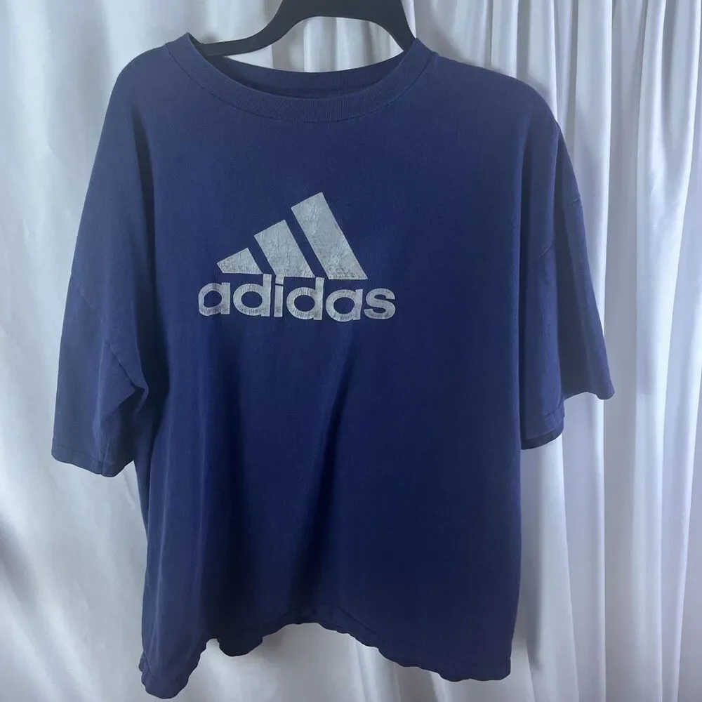 Vintage Adidas Navy Blue Men’s Graphic T-shirt Suze Blade Of Sport 3 Bars Logo